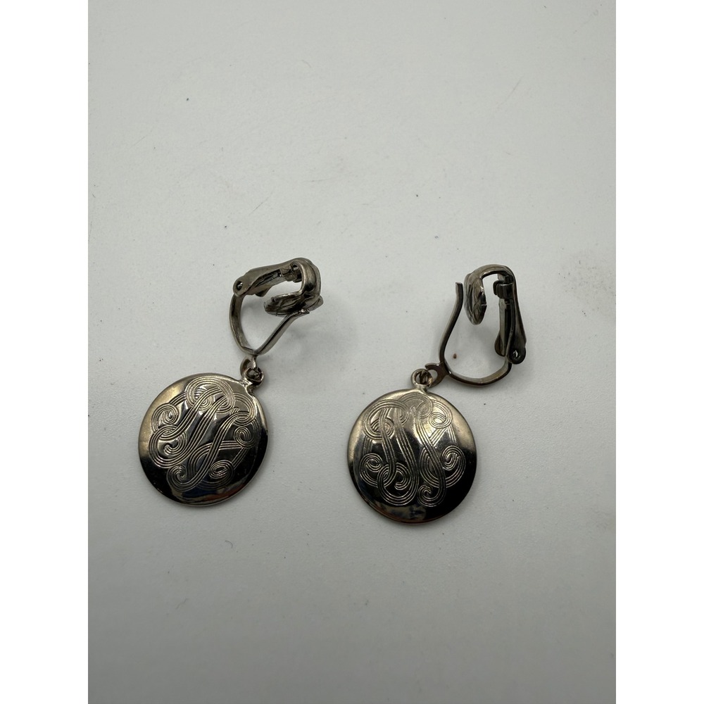 Vintage Silver Tone Etched Scroll Round Dangle Clip On Earrings Classic Retro